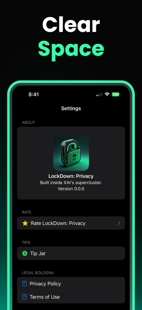 Menú de configuración de la aplicación LockDown Privacy mostrando la sección acerca de y las políticas legales