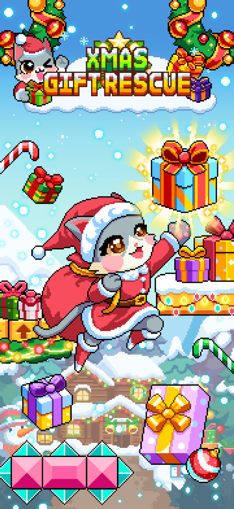 Cat Jump (Global) - サンタの衣装を着たピクセルアートの猫が、Cat Jumpのクリスマスイベントでプレゼントを集めるためにジャンプしている。