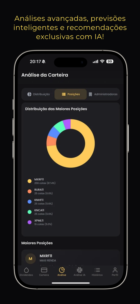Renda Fiis: Fundos Imobiliário - Portfolio analysis screen showing a distribution chart of Brazilian real estate funds in the Renda Fiis app.