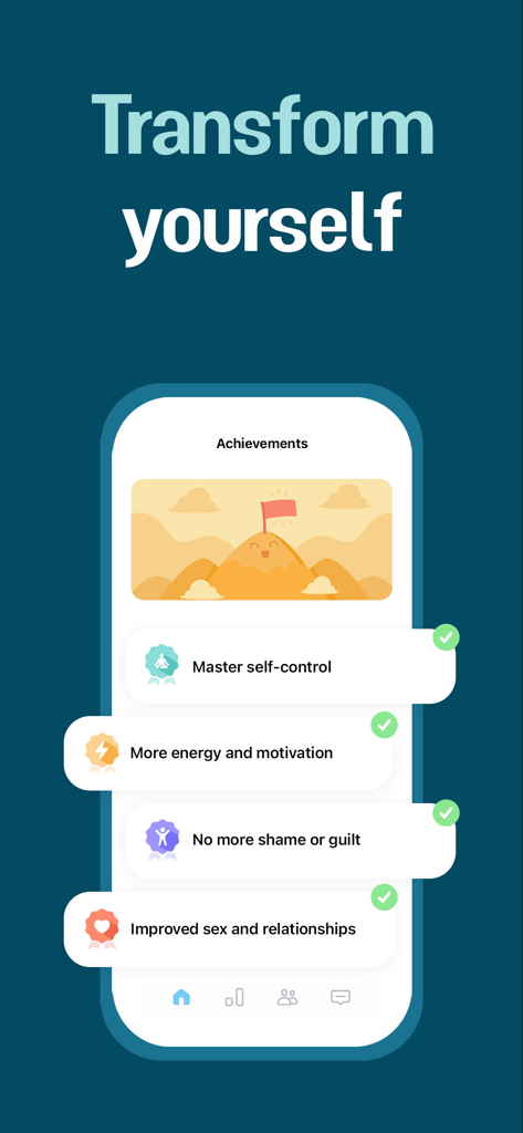 Brainbuddy app screen showing transformation achievements including self control energy and improved relationships