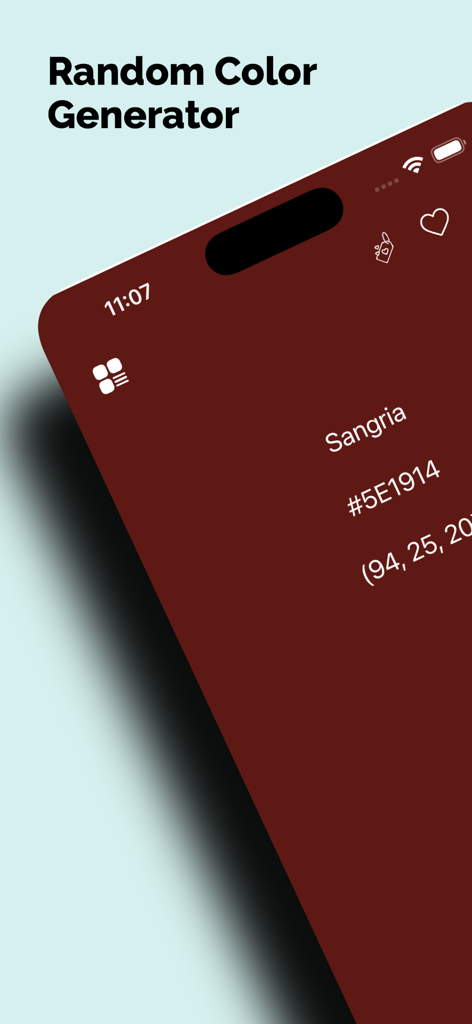 Random Color - Color Generator - Mobile app interface of Random Color Generator showing the color Sangria with its Hex code and RGB values