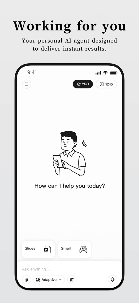 AI Agent - Super AI Assistant - Interface of the AI Agent app showing a personal assistant ready to help with tasks like slides and emails