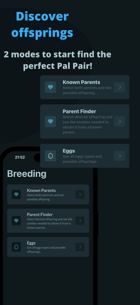 Paltopia: Pal tools & Map - Paltopia app interface showing breeding tools for known parents and parent finder