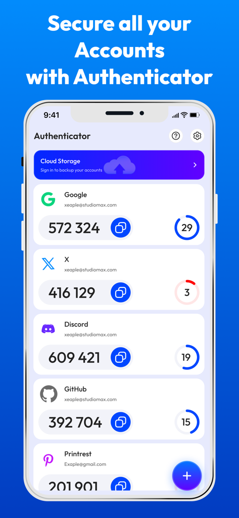 Pantalla de un smartphone mostrando la interfaz de la App Authenticator con múltiples códigos 2FA para cuentas como Google, X, Discord y GitHub.