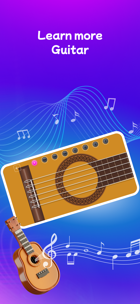 Interface do simulador de guitarra digital com botões de acordes e fundo de notas musicais