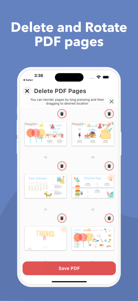 PDF it All Document Converter - Oberfläche zum Löschen und Drehen von PDF-Seiten in der PDF it All Mobile App