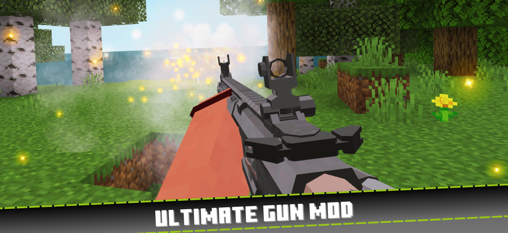 Actual Gun Addon for Minecraft - Egoperspektive eines 3D-Taktikgewehrs in einer Minecraft-Welt mit dem Text Ultimate Gun Mod