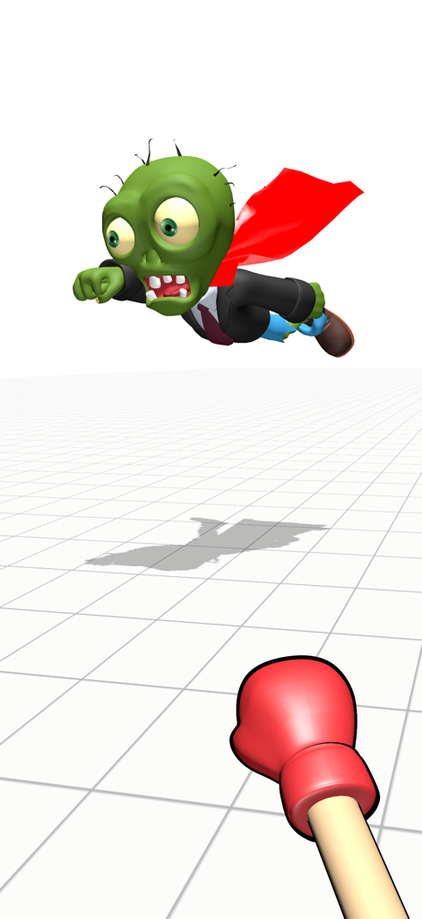 Smash Zombie Punching Games - A red boxing glove punching a flying cartoon zombie wearing a superhero cape