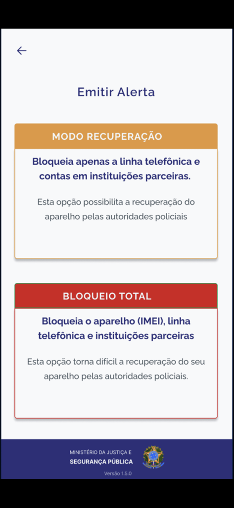 Celular Seguro BR - Celular Seguro BR app screen displaying options for recovery mode and total device block