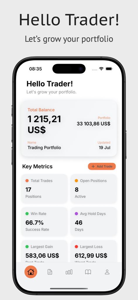 The Trading Journal App - The Trading Journal App dashboard showing portfolio balance and key performance metrics