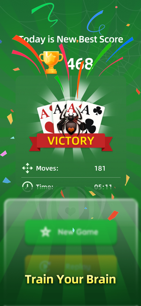 Spider Solitaire - Card 2026 - Spider Solitaire victory screen showing game stats trophy and train your brain text