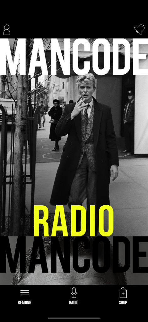 MANCODE Radio app home screen featuring a black and white stylish urban image and yellow radio text