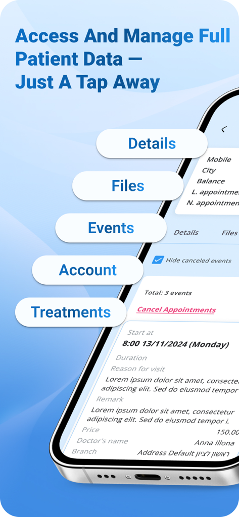 Interface of the DOCTOR clinix app showing categories for managing patient details files events and treatments