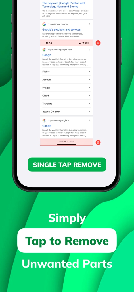 A screenshot showing the single tap remove feature in the Photo Stitch app to delete unwanted parts of a long combined image.