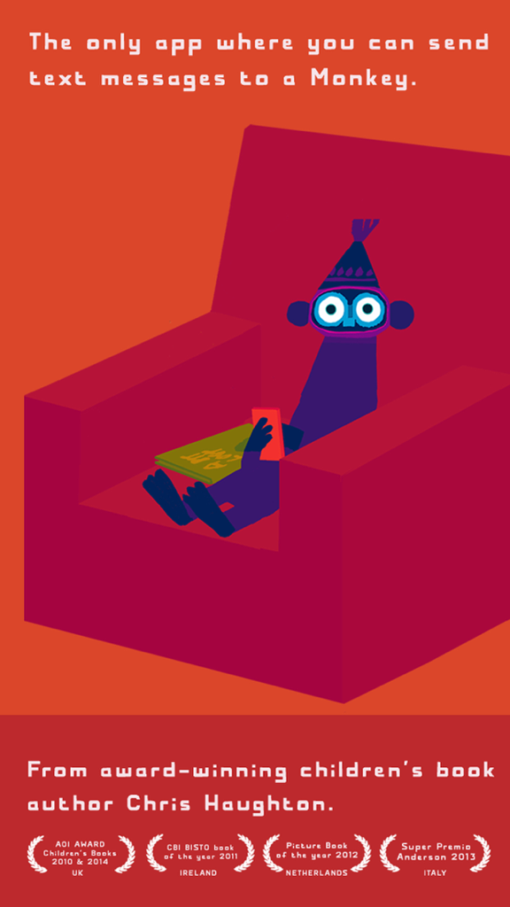 Hat Monkey by Chris Haughton - Hat Monkey character sitting in a red armchair holding a smartphone with award logos at the bottom