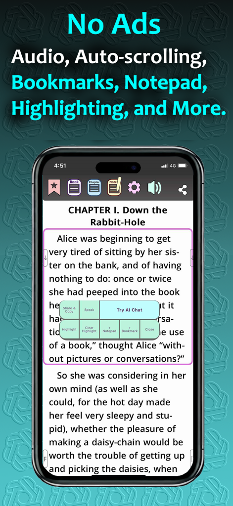 Gutenberg Reader PRO: No ADS! - Pantalla del teléfono móvil de Gutenberg Reader PRO mostrando Alicia en el País de las Maravillas con herramientas de lectura y un titular de "sin anuncios".