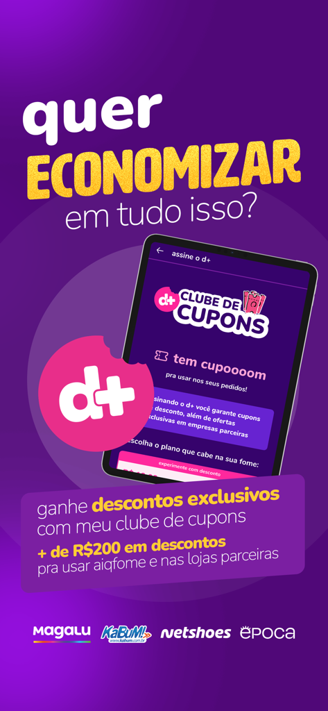 Uma tela promocional para o clube de assinatura d plus da aiqfome mostrando cupons de entrega exclusivos e descontos de parceiros.