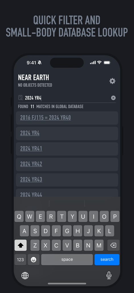 Near-Earth Asteroids Tracker - 地球近傍小惑星トラッカーアプリのインターフェースに、グローバルデータベースでの特定の天体の検索が表示されています。