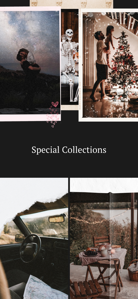 Une vitrine de modèles de stories photo esthétiques des collections spéciales de Storyluxe, présentant des thèmes de film et de fêtes