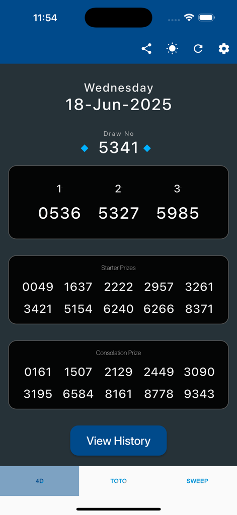 Singapore 4D lottery results screen showing winning numbers for Wednesday 18 June 2025 in a dark theme layout