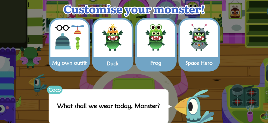 Teach Monster: Reading for Fun - A screen showing monster customization options including Duck Frog and Space Hero outfits in the Teach Monster Reading for Fun app