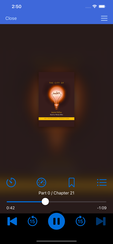 Destiny Discover - Audiobook player interface in the Destiny Discover app showing playback controls for The City of Ember.
