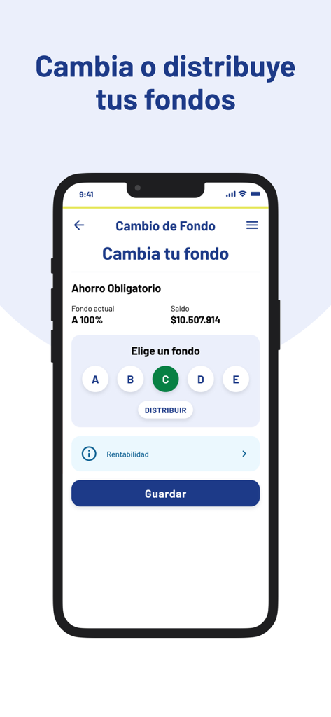 Interface of the Mi AFP Capital app showing the option to change or distribute pension funds between different fund types