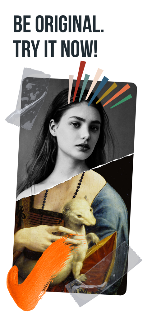 Artistic collage design combining a modern portrait with classical art elements and stickers