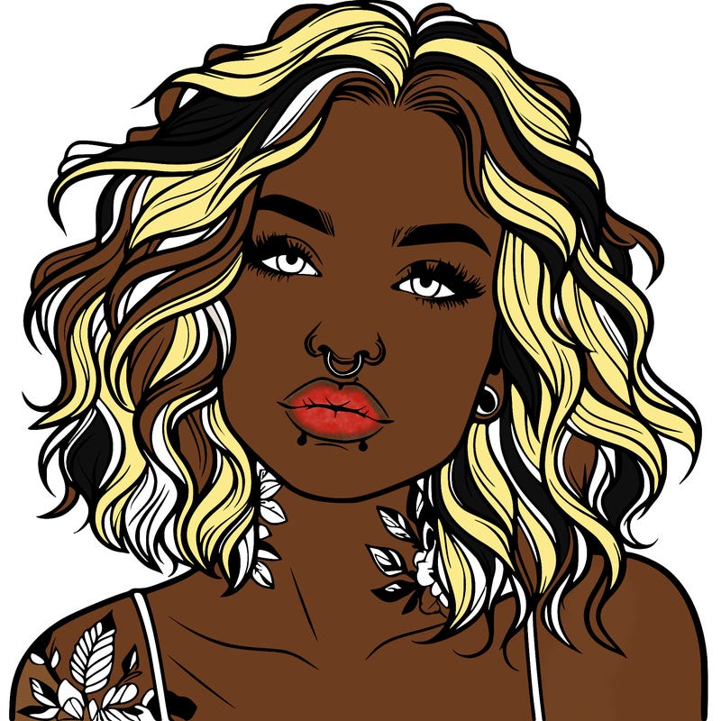 realistic woman with septum piercing and wavy hair and tattoos