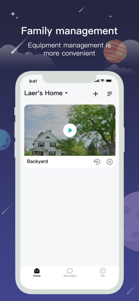 CloudEdge app family management screen with a backyard camera video preview