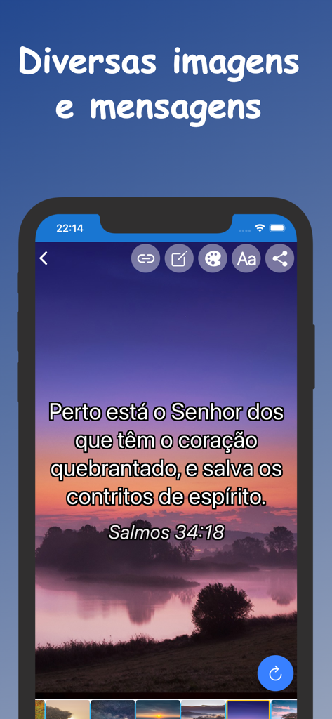 Cantor Cristão Batista: Hinos - Screenshot of the Cantor Cristão Batista app showing a Bible verse from Psalms 34:18 in Portuguese over a scenic nature background