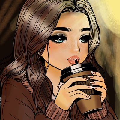 realistic girl drinking coffee