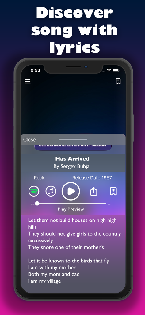 「曲を特定」アプリのモバイル画面。Sergey Bubjaの曲名、リアルタイムの歌詞、ストリーミングサービスアイコンが表示されています