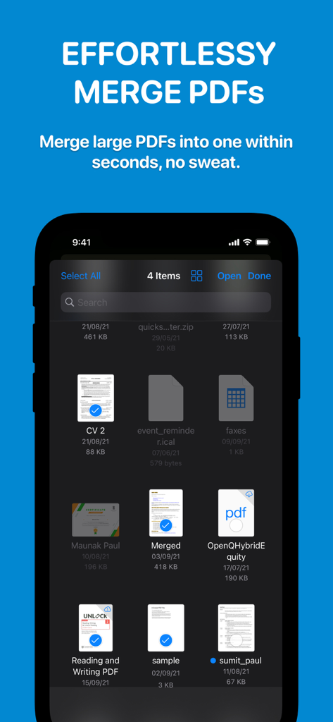 ダークモードで結合する複数のドキュメントが選択されているPDF分割・結合アプリのインターフェース。