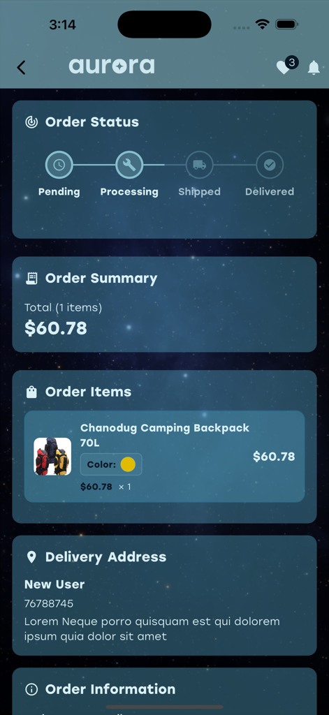 Aurora Store - Interfaz de la aplicación móvil que muestra el estado del pedido y los detalles de seguimiento para la compra de una mochila de campamento en Aurora Store