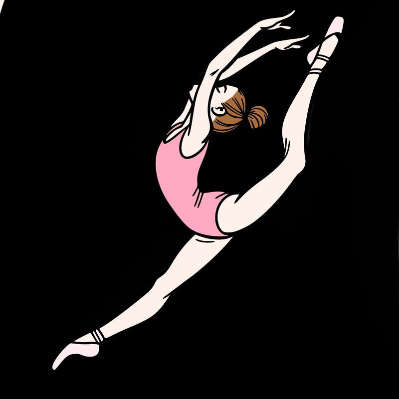 gymnast doing a leap in a leotard with a bent back leg