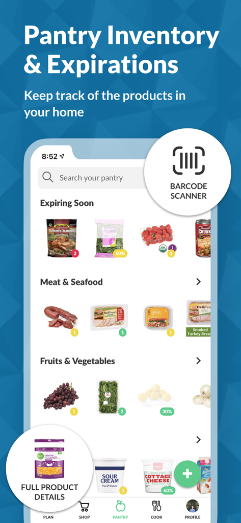 Cooklist app screen showing digital pantry inventory and food expiration tracking