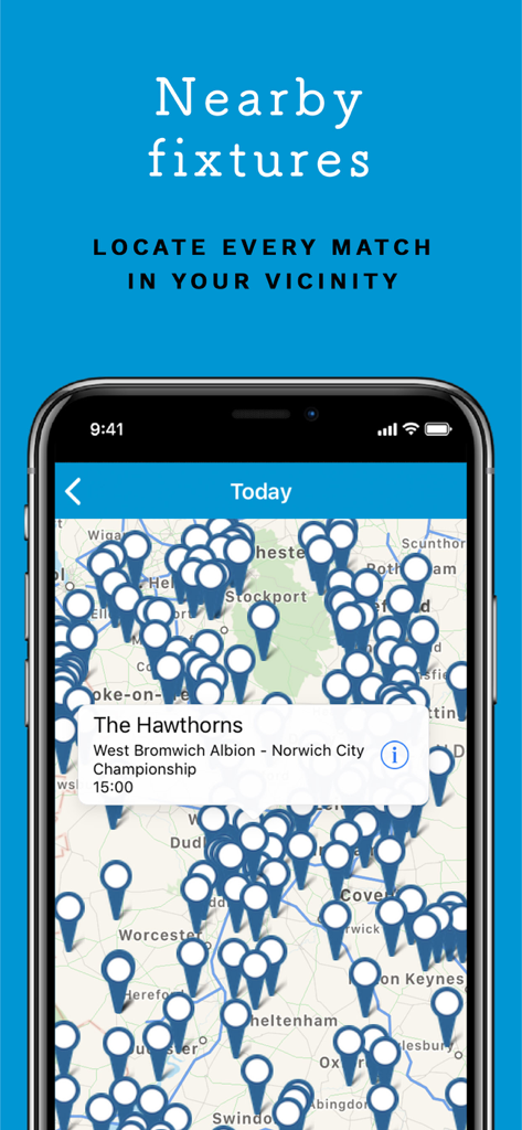 Futbology - Futbology app screen showing nearby football matches on a map