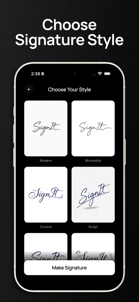 Signature Maker - SignIt AI - Interface of the SignIt AI app showing various signature styles like modern minimalist and cursive