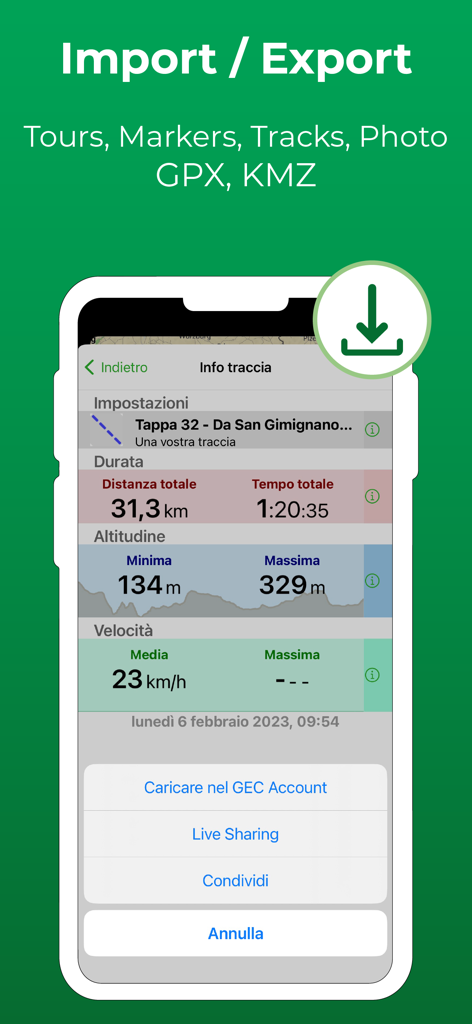 Terra Map - Trail Explorer - Interface of Terra Map app showing trail tracking statistics and GPX KMZ import export options