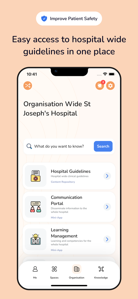 Interface de l'application Eolas Medical montrant les directives cliniques à l'échelle de l'hôpital et le portail de gestion de l'apprentissage