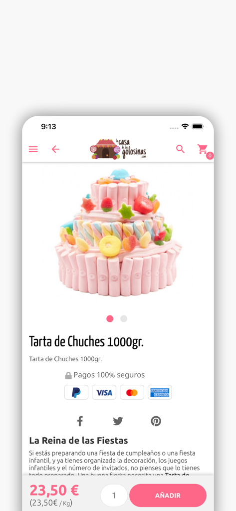 La casa de las golosinas - Mobile app interface showing a pink multi-tiered candy cake for party planning.