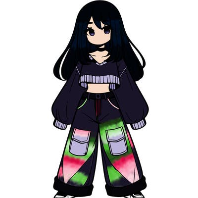 cute girl with straight hair in baggy jeans and a crop top and a sweater