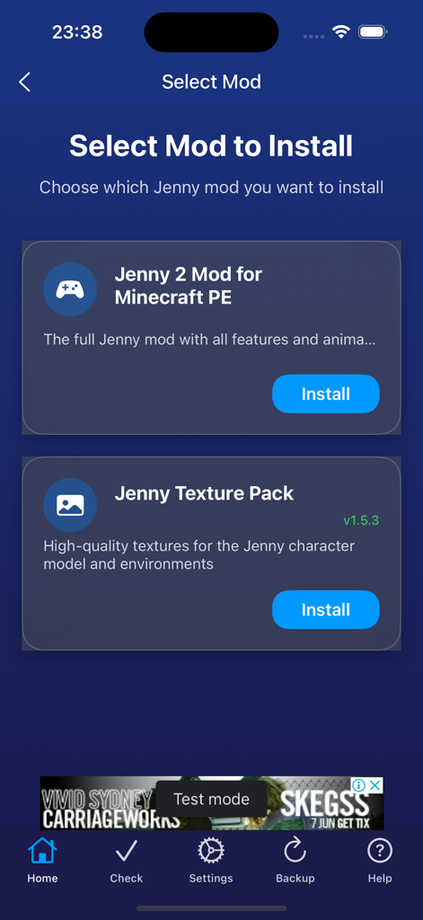 Jenny addon mod for MCPE - Interfaz del mod addon Jenny para MCPE mostrando opciones para instalar Jenny 2 Mod y Jenny Texture Pack
