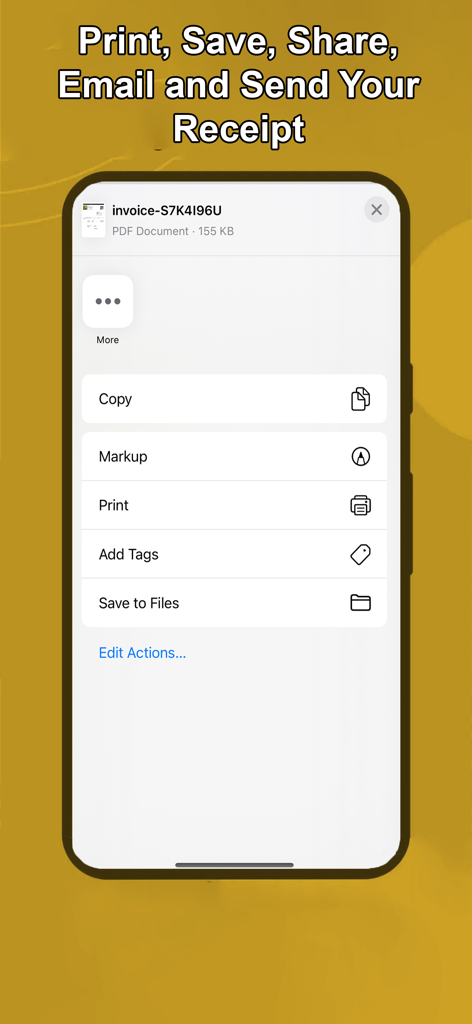 Receipt Maker:Sign Send, Print - Mobile interface showing options to print, save, and share a PDF receipt on a smartphone