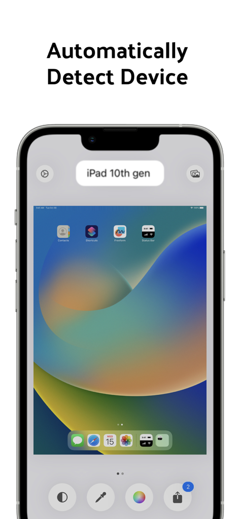 Status Bar - Screenshot Editor - Interface of the Status Bar app showing the automatic device detection feature for an iPad tenth generation screenshot.