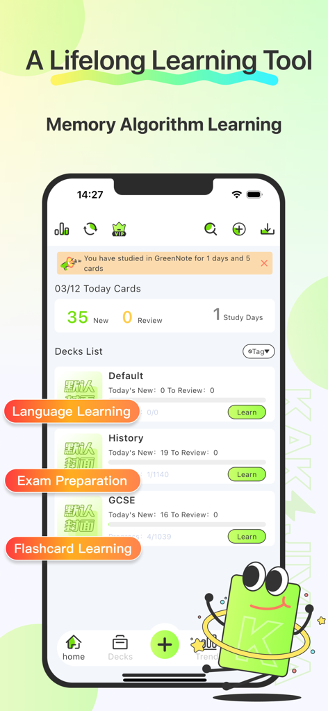 Home screen of the GreenNote app showing a list of flashcard decks for History and GCSE exam preparation.