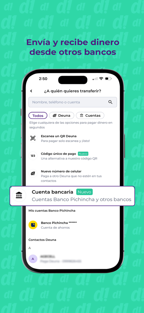 Deuna App-Oberfläche mit Optionen zum Senden und Empfangen von Geld von verschiedenen Banken