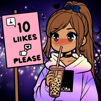 girl with a high ponytail and a hoodie drinking boba staring at a sign saying 10 likes please