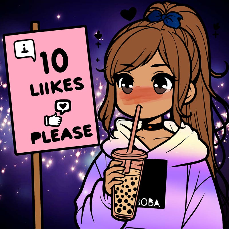 girl with a high ponytail and a hoodie drinking boba staring at a sign saying 10 likes please